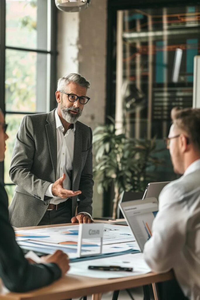 Fractional CFO presenting a detailed strategic financial plan to a group of business leaders in a conference room setting
