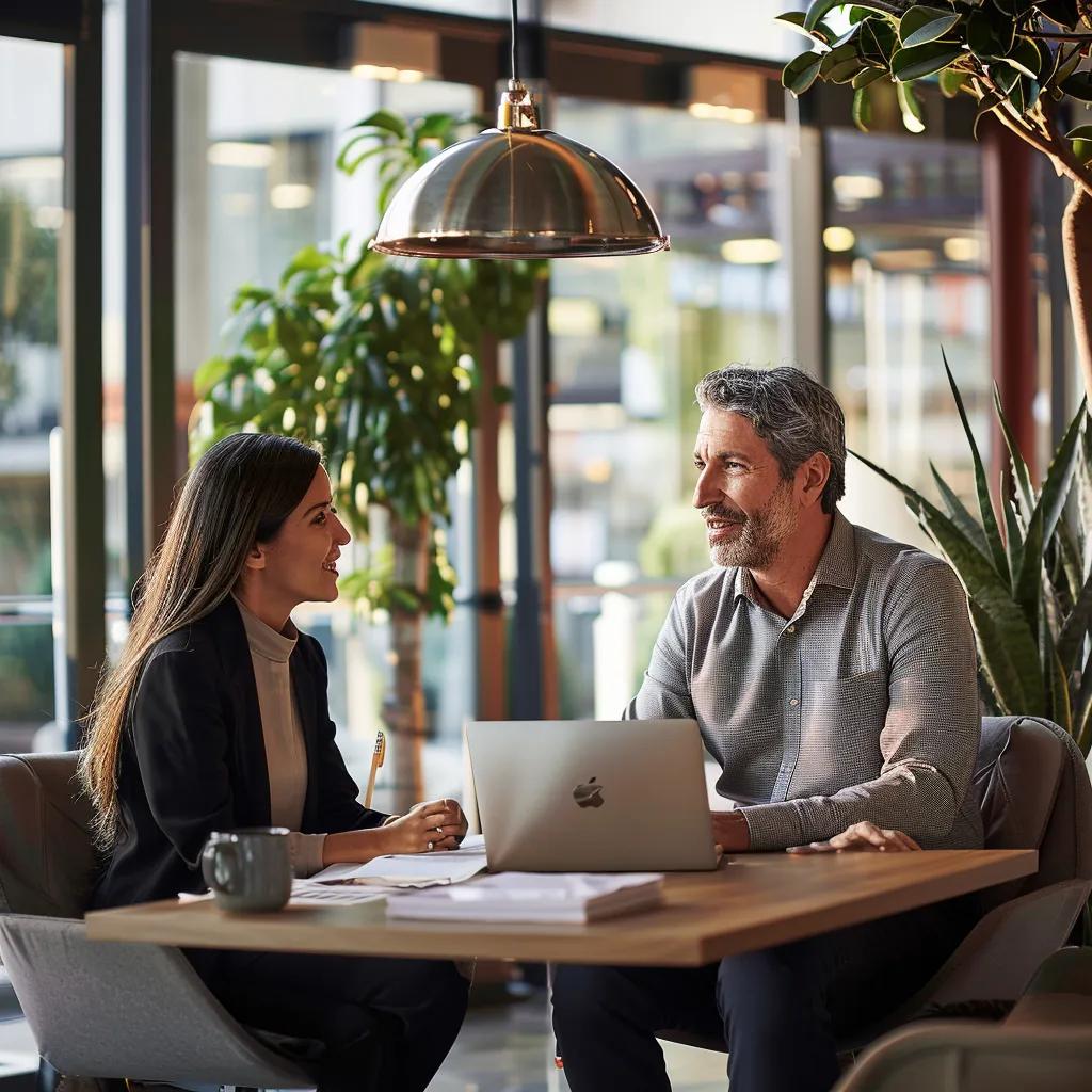 Business owner collaborating with a fractional CFO in a modern office setting, discussing financial strategy