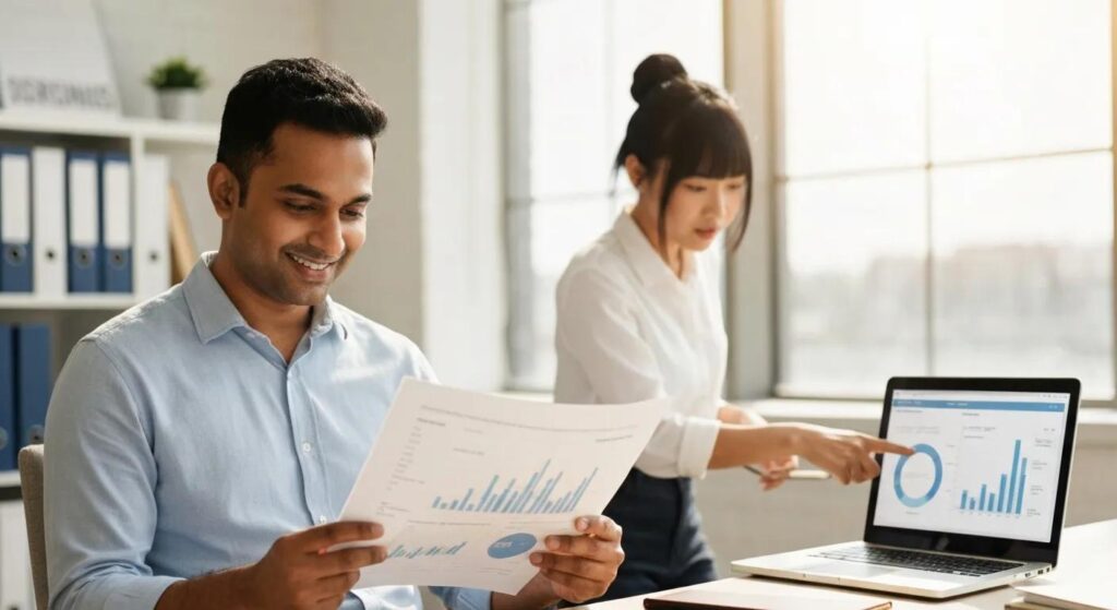 A small business owner and a fractional CFO engaged in a productive discussion over financial reports in a welcoming office environment.