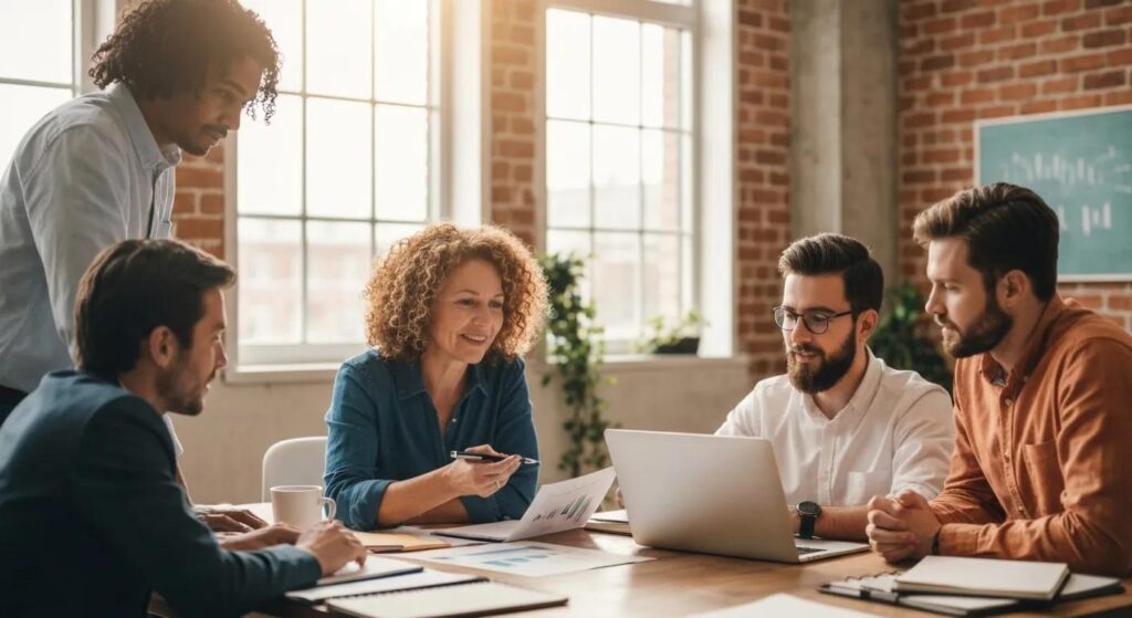 Startup founders collaborating on financial strategies with a fractional CFO