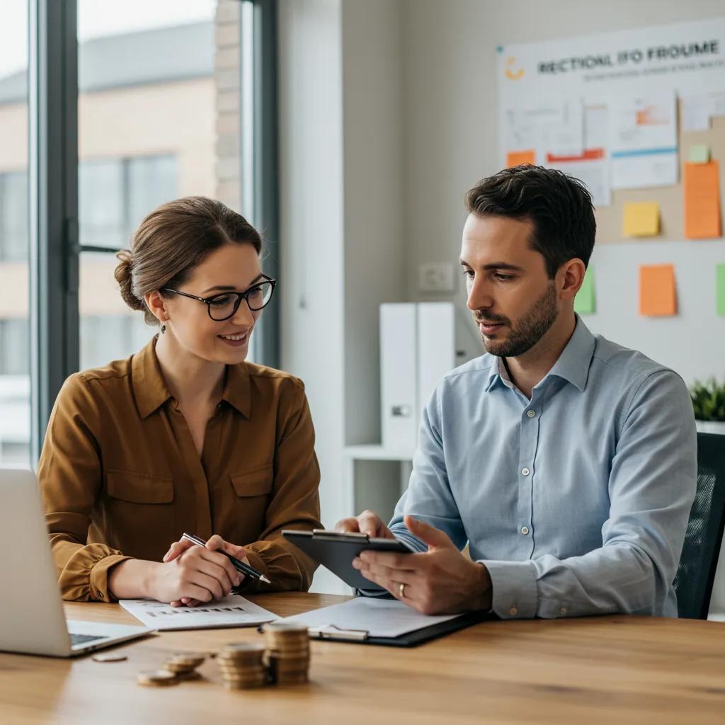 Small business owner collaborating with a fractional CFO in a modern office, highlighting financial partnership