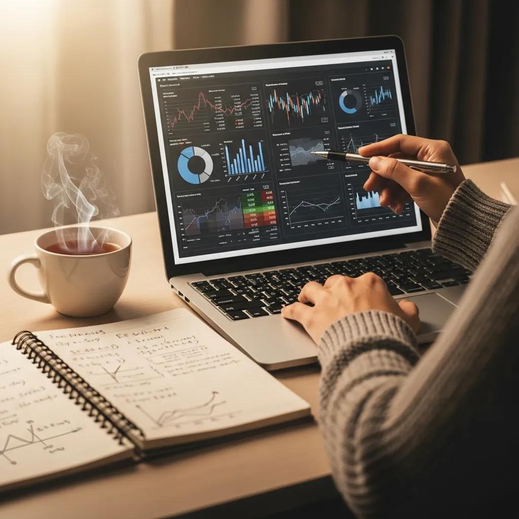 Spreadsheet showing key financial ratios and a laptop screen