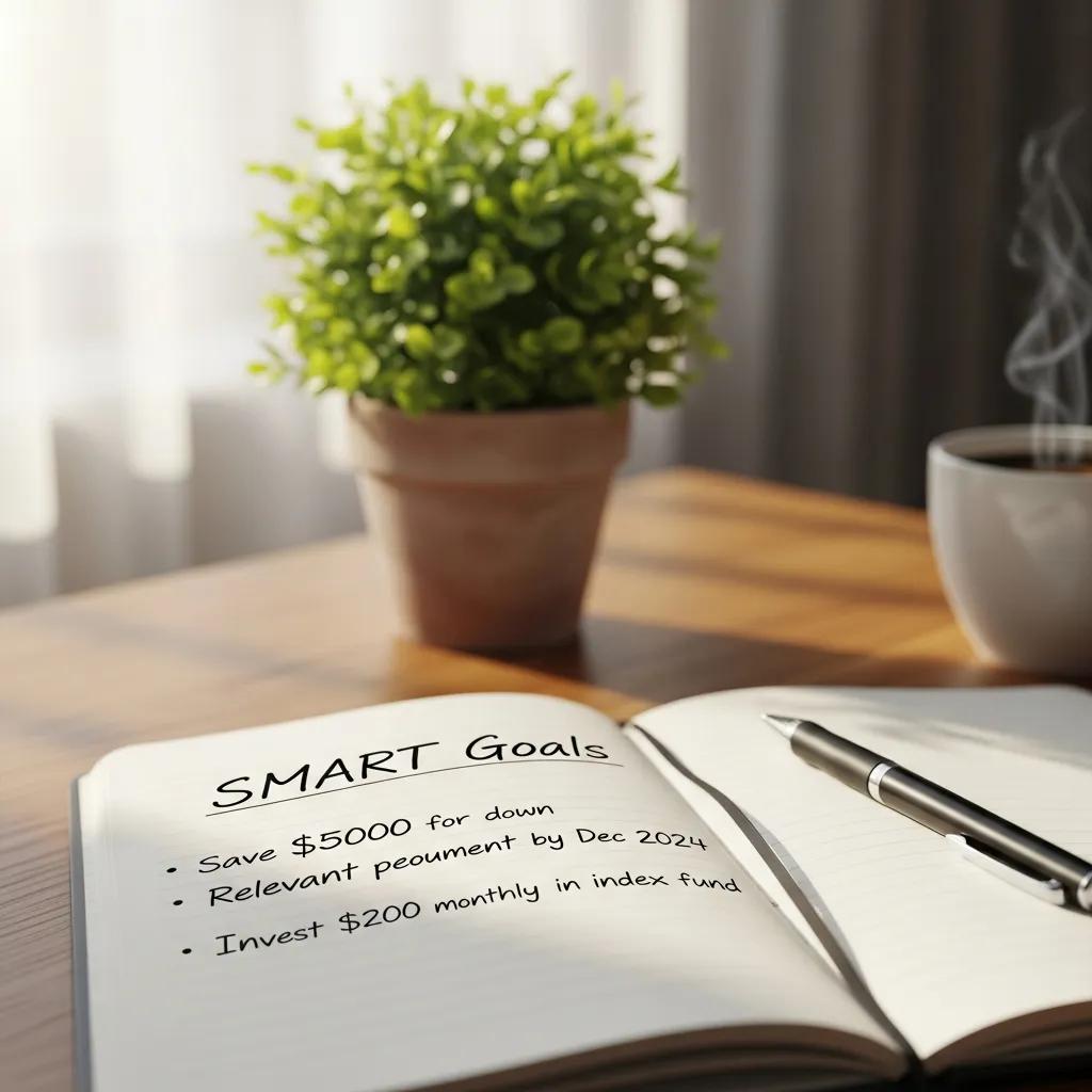 Notebook showing SMART financial goals written clearly with a pen