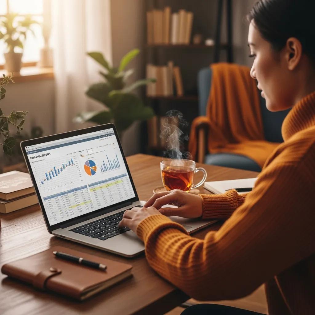 Person reviewing income and cash flow reports on a laptop beside a notebook