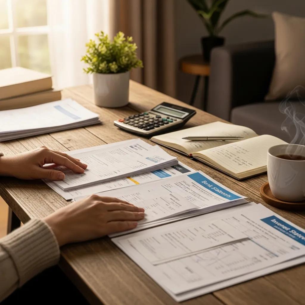 Hands sorting invoices and bank statements for a financial review