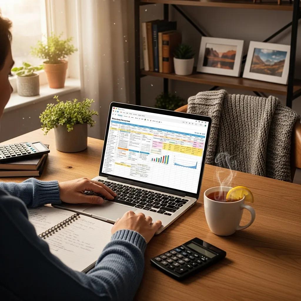 Founder reviewing a simple budgeting template at a home office