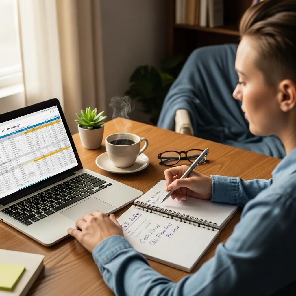Small business owner reviewing a 13-week cash flow forecast on a laptop