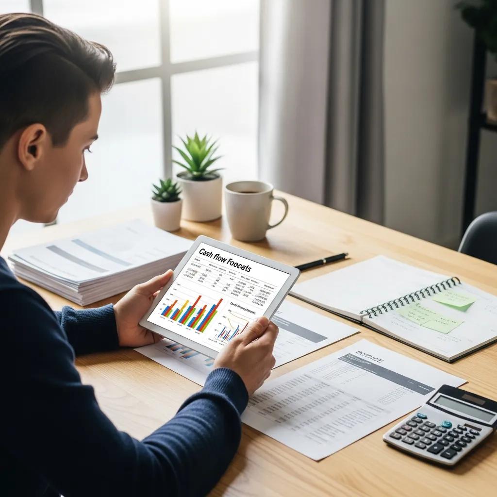 Small business owner checking a cash flow forecast on a tablet