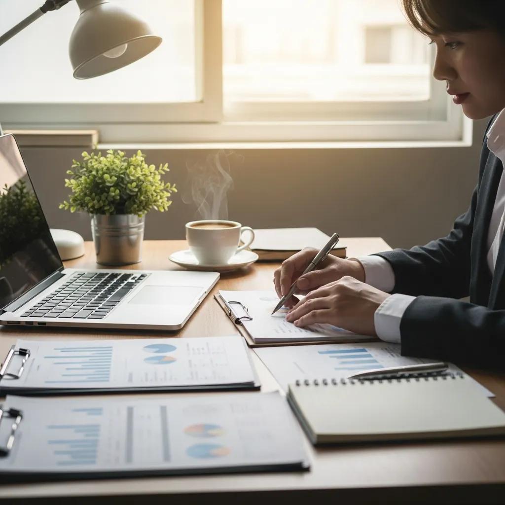 Small business owner managing cash flow at a cozy desk with financial documents and a laptop