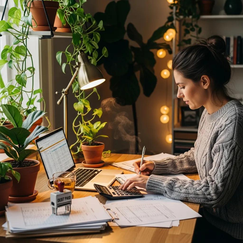 Small business owner managing finances at a cozy desk with documents and a laptop