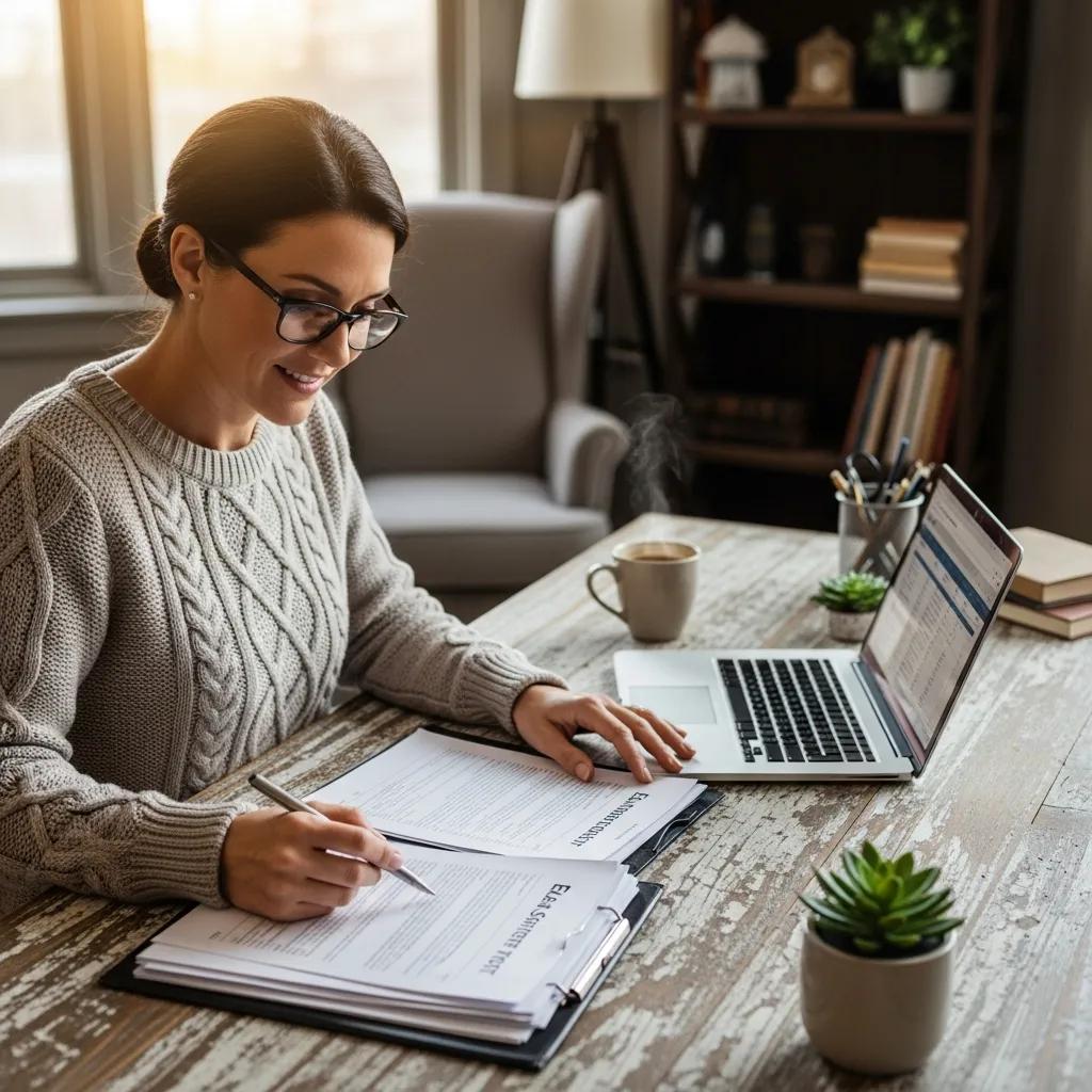 Small business owner reviewing exit strategy documents in a cozy office