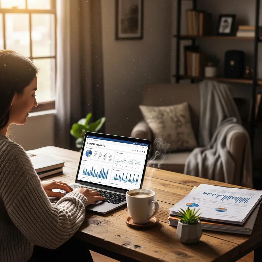 Small business owner reviewing financial documents in a cozy office, emphasizing business valuation