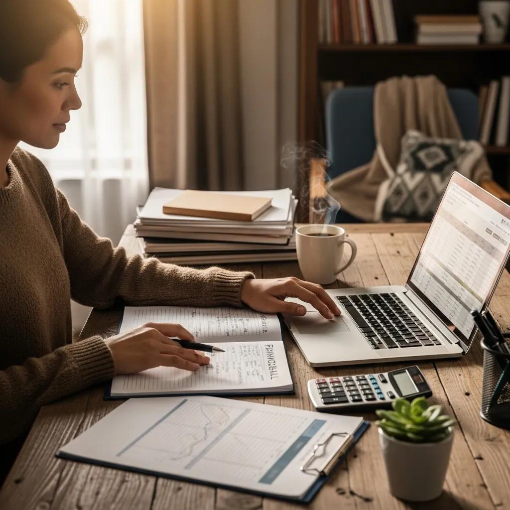 Small business owner reviewing financial goals at a cozy desk with documents and a laptop