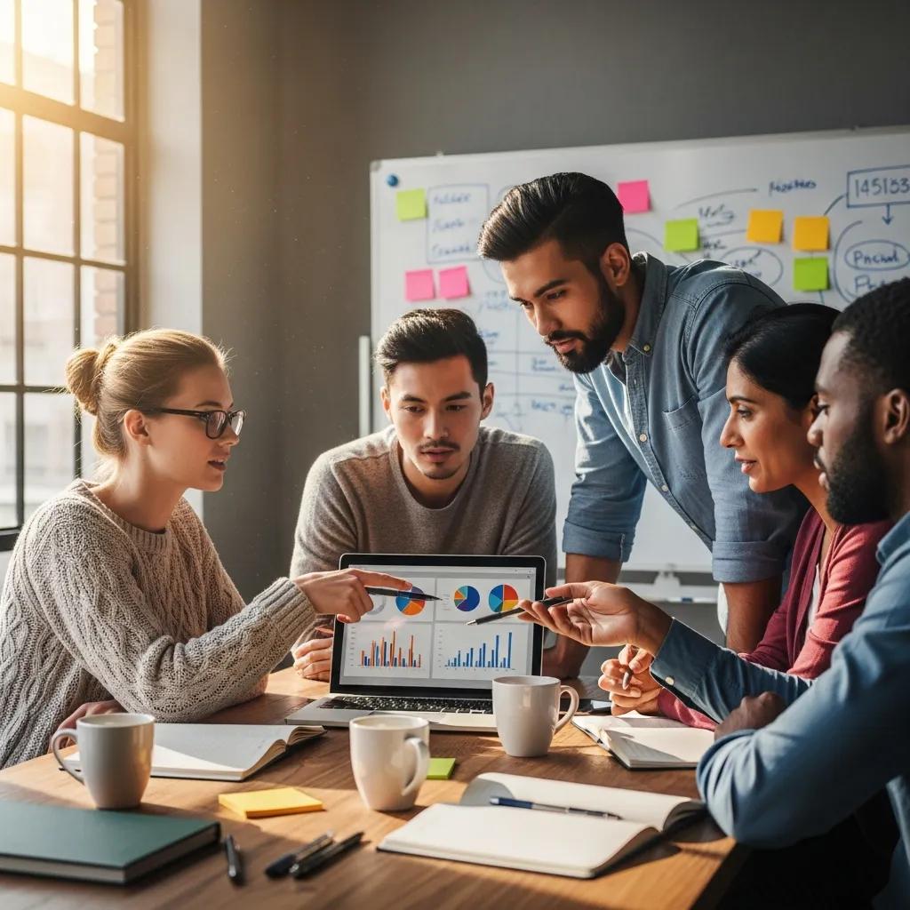 Small business team working together on a forecast in a bright office