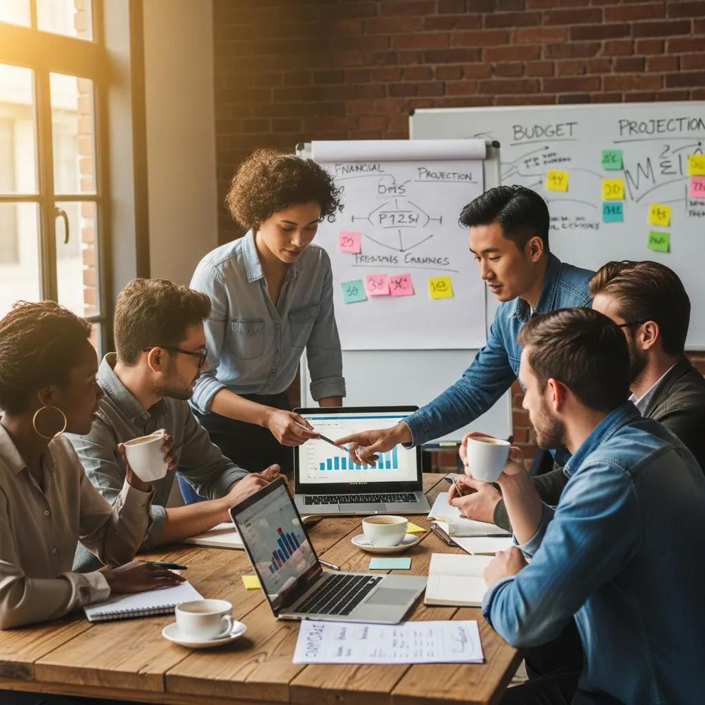 Startup founders collaborating on financial planning in a cozy workspace